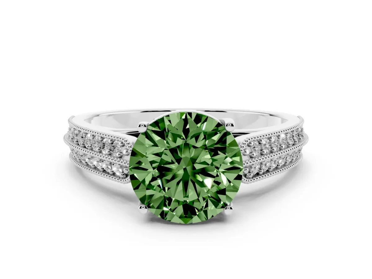 Fancy Green Round Cut Cut Pave Split Shank Engagement Ring with Four-Prong Setting White gold