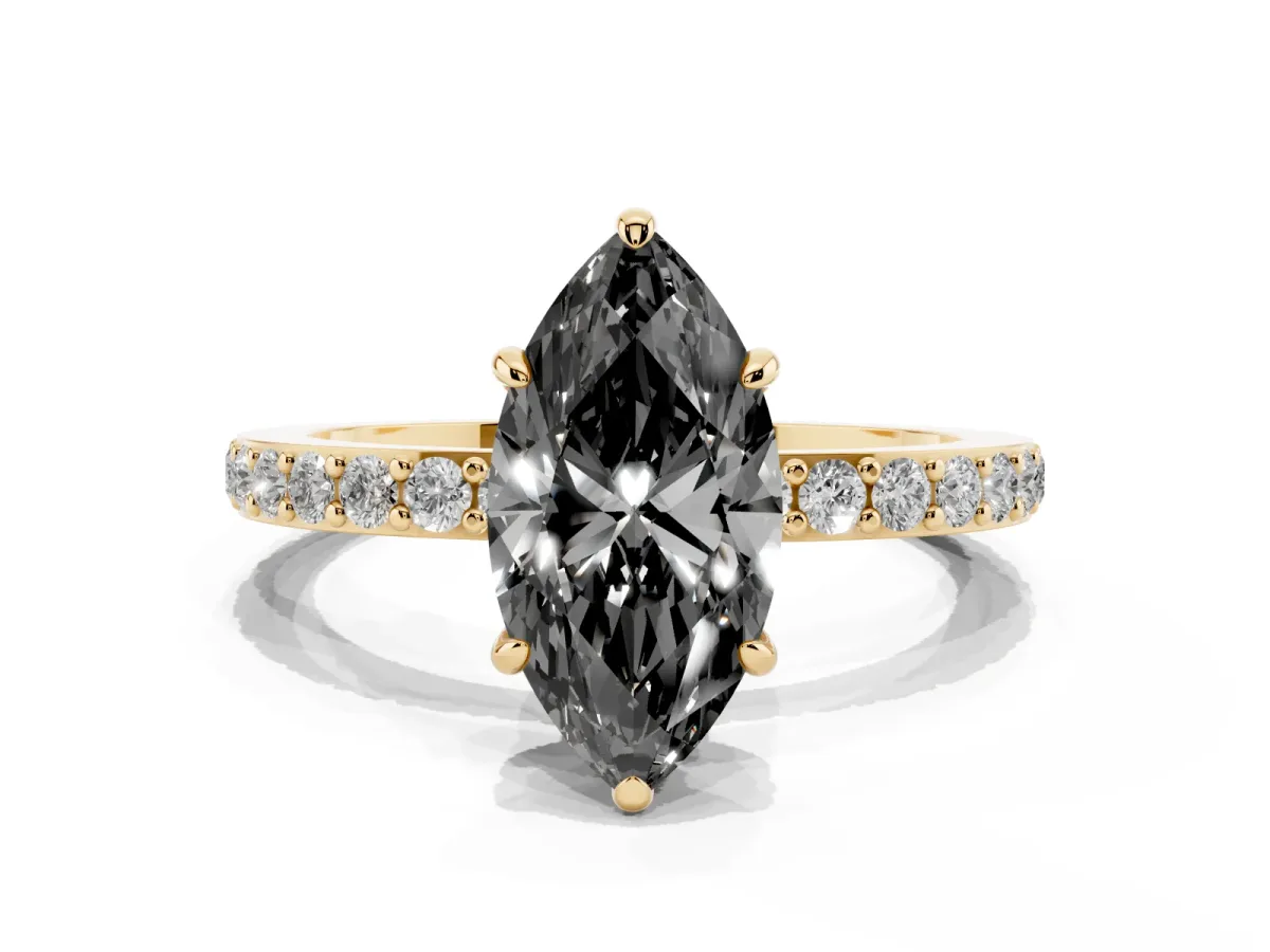 Fancy Black Marquise Cut Diamond Pavé Engagement Ring with Round Accents and Prong Setting Yellow gold