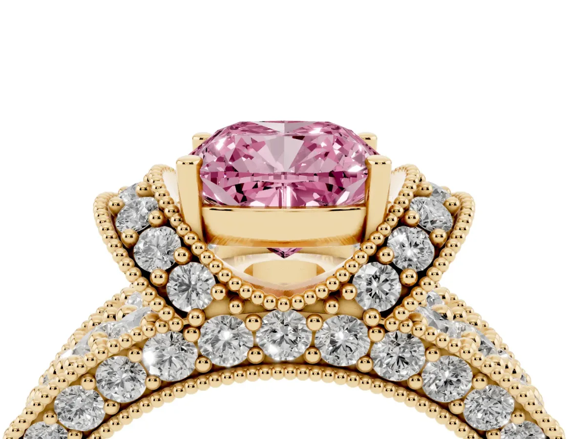 Fancy Pink Cushion Cut Halo Pave Diamond Engagement Ring with Milgrain Detailing Yellow gold