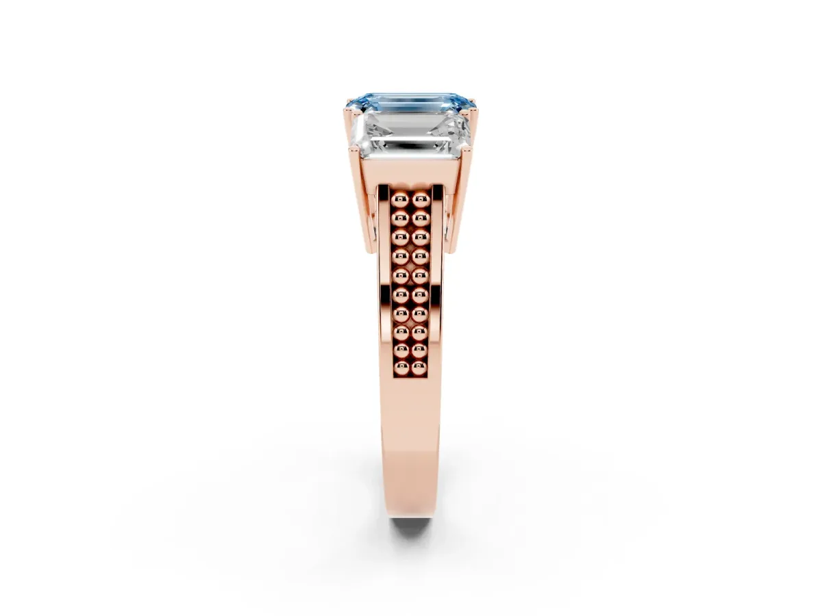 Fancy Blue Emerald Cut Diamond Three-Stone Ring with Prong Setting and Textured Band Rose gold