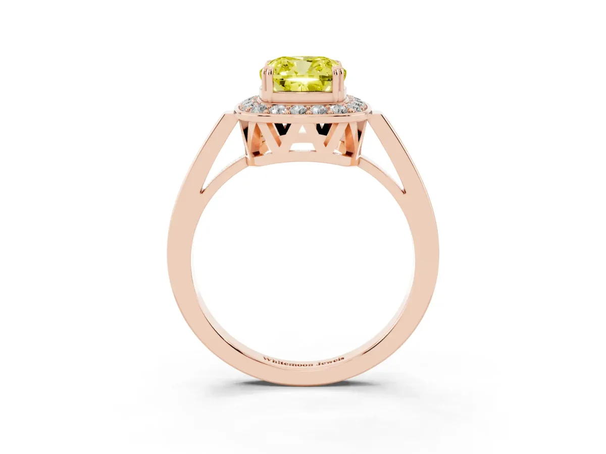 Fancy Yellow Cushion Cut Diamond Halo Ring with Split Shank and Four-Prong Setting Rose gold