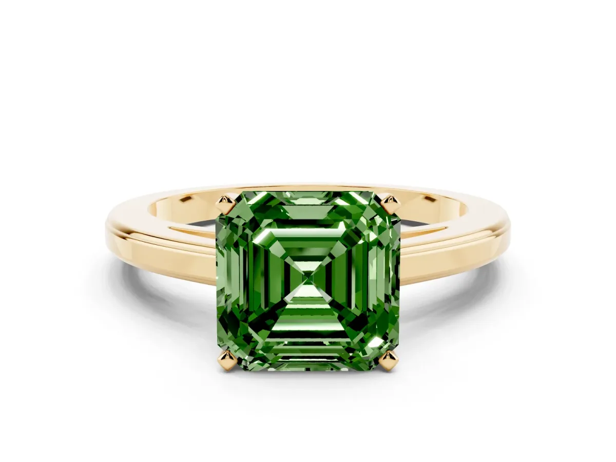 Fancy Green Asscher Cut Solitaire Diamond Ring with Four-Prong Setting and Classic Band Yellow gold