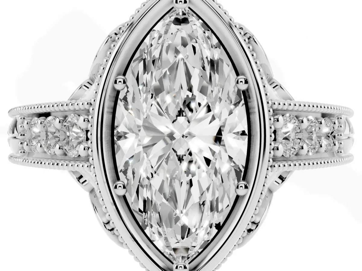 Bezel Set Marquise Cut Diamond Milgrain Pave Engagement Ring Silver