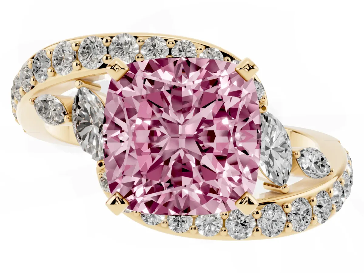 Fancy Pink Cushion Cut Solitaire with Pavé Twist Band and Four-Prong Setting Yellow gold