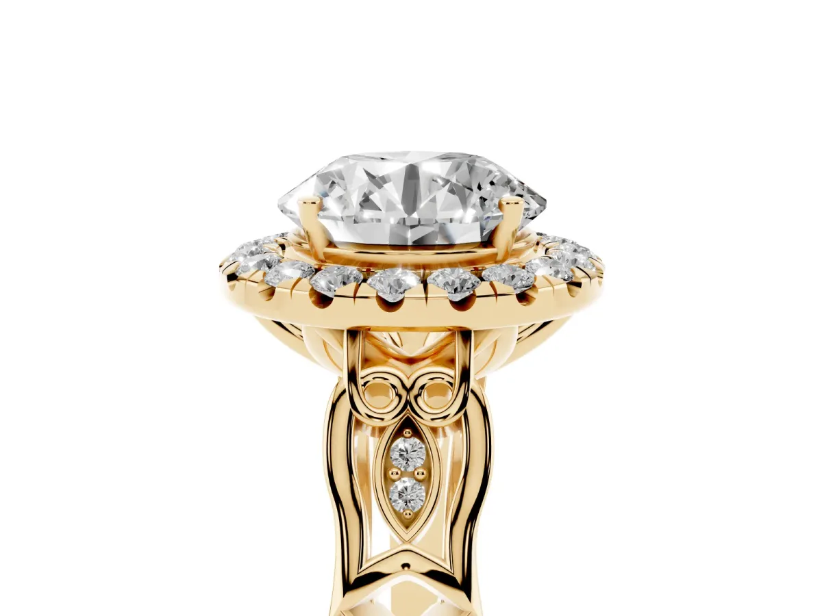 Round Cut Halo Diamond Engagement Ring with Filigree Band and Four-Prong Setting Yellow gold