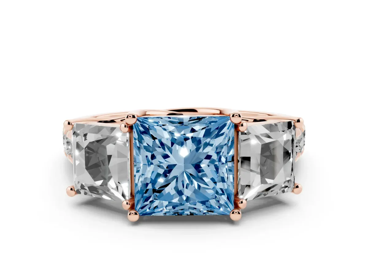Fancy Blue Three-Stone Princess Cut Diamond Pavé Band with Prong Setting Rose gold