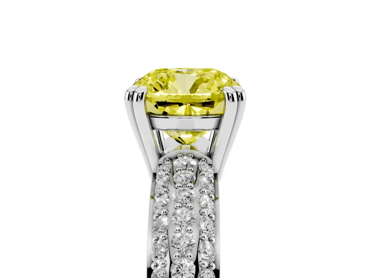 Fancy Yellow Cushion Cut Diamond Solitaire Ring with Multi-Row Round Pavé Band and Prong Setting Silver
