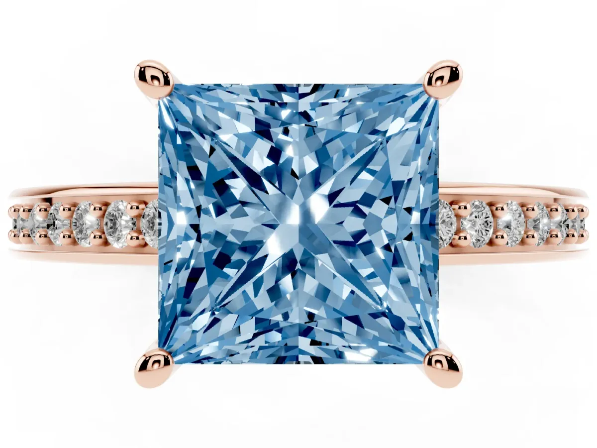 Fancy Blue Princess Cut Solitaire Pavé Band Prong Setting Ring Rose gold