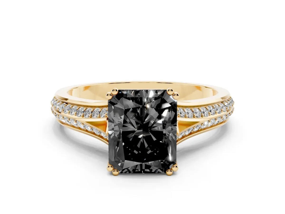 Fancy Black Radiant Cut Diamond Split Shank Engagement Ring with Pavé Band Yellow gold