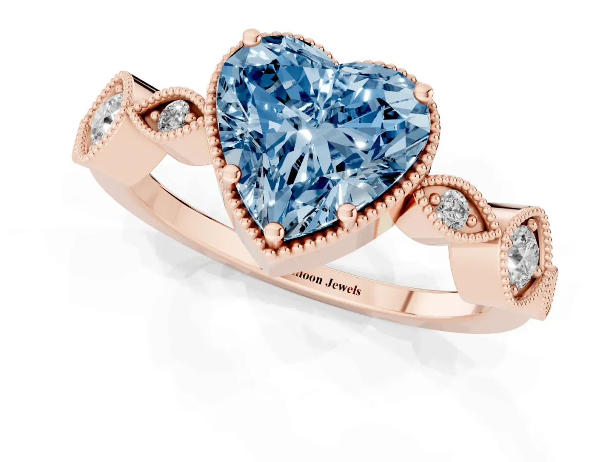 Fancy Blue Heart Cut Diamond Vintage Milgrain Ring with Round Stations Rose gold