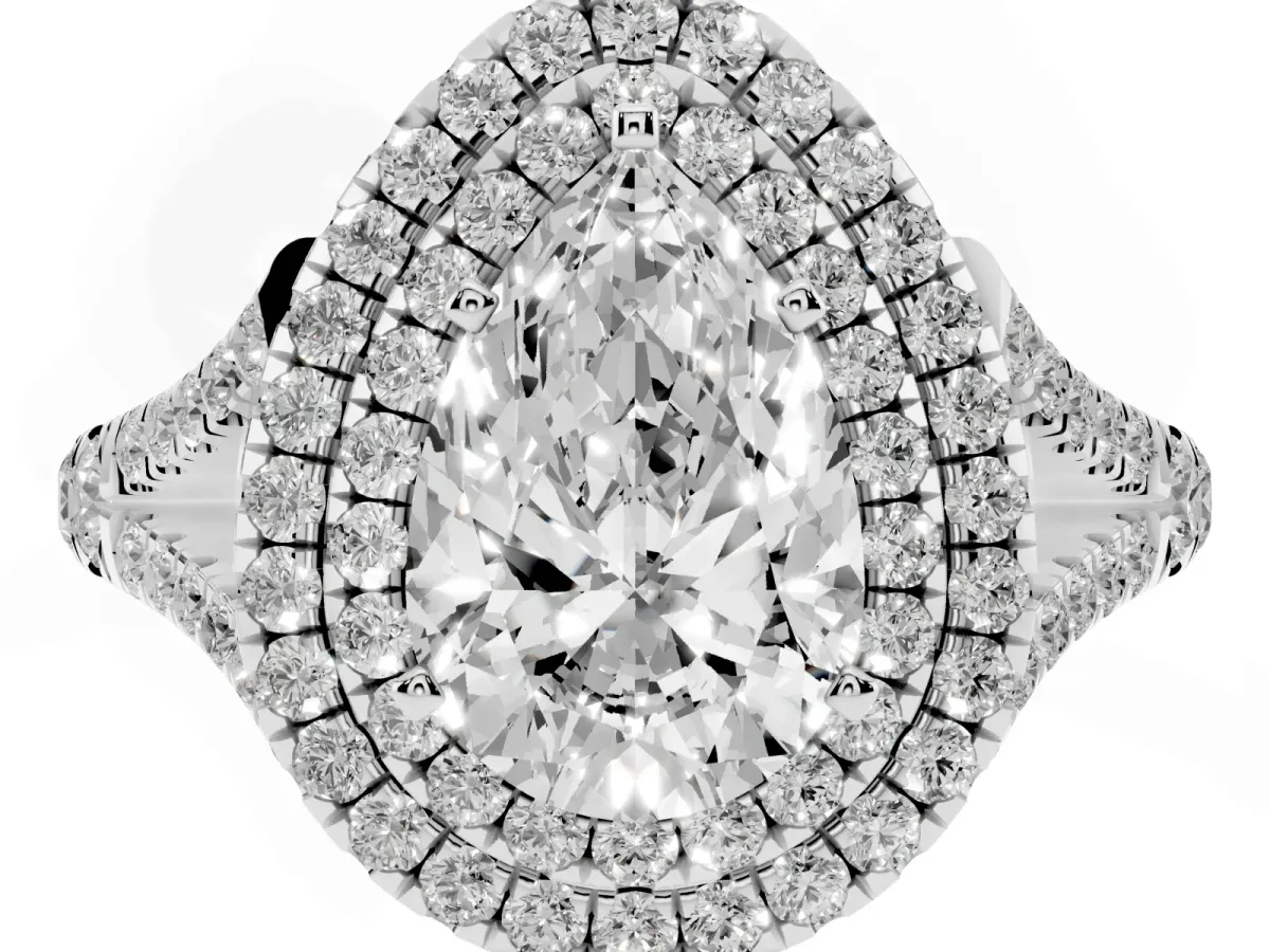 Double Halo Pear Cut Diamond Split Shank Engagement Ring with Four-Prong Setting Silver