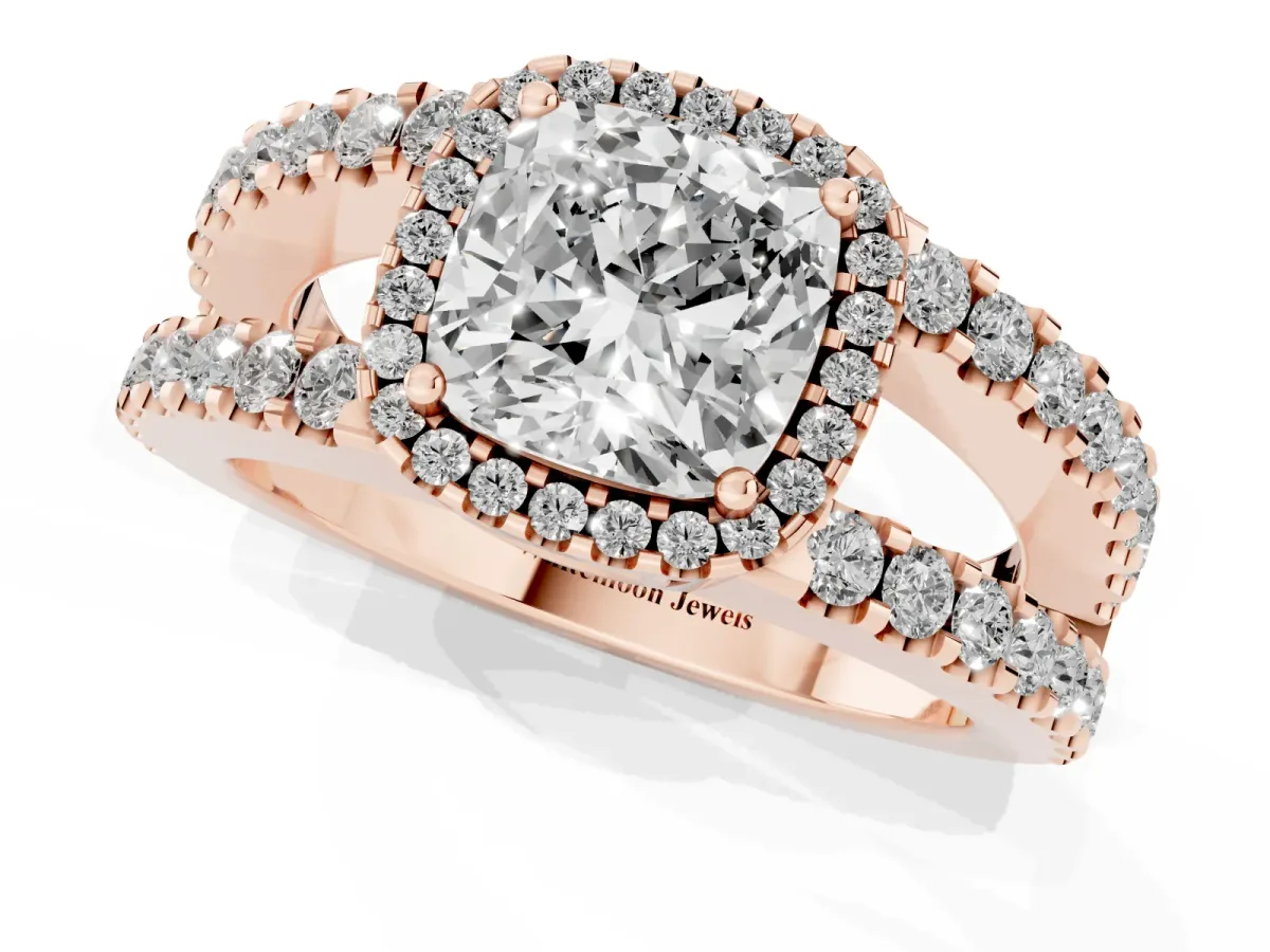 Cushion Cut Cut Halo Split Shank Diamond Ring with Four-Prong Setting Rose gold
