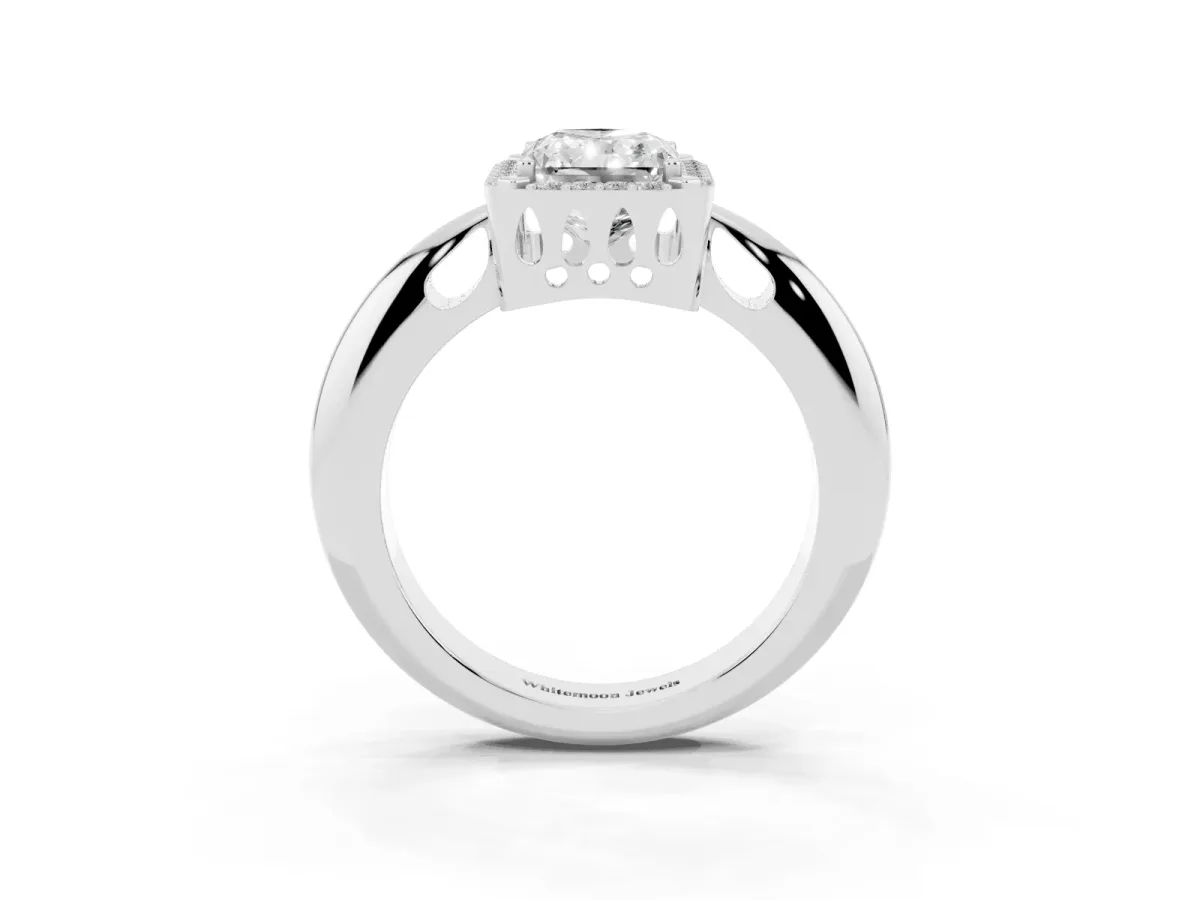 Radiant Cut Cut Diamond Halo Engagement Ring with Split Shank and Four-Prong Setting Silver