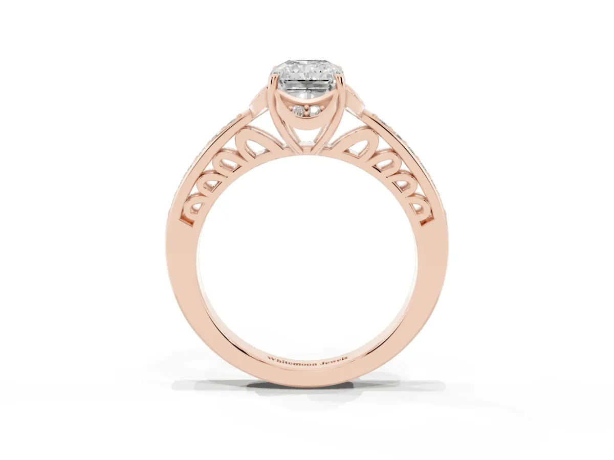 Radiant Cut Cut Halo Diamond Ring with Channel Set Band and Four-Prong Setting Rose gold