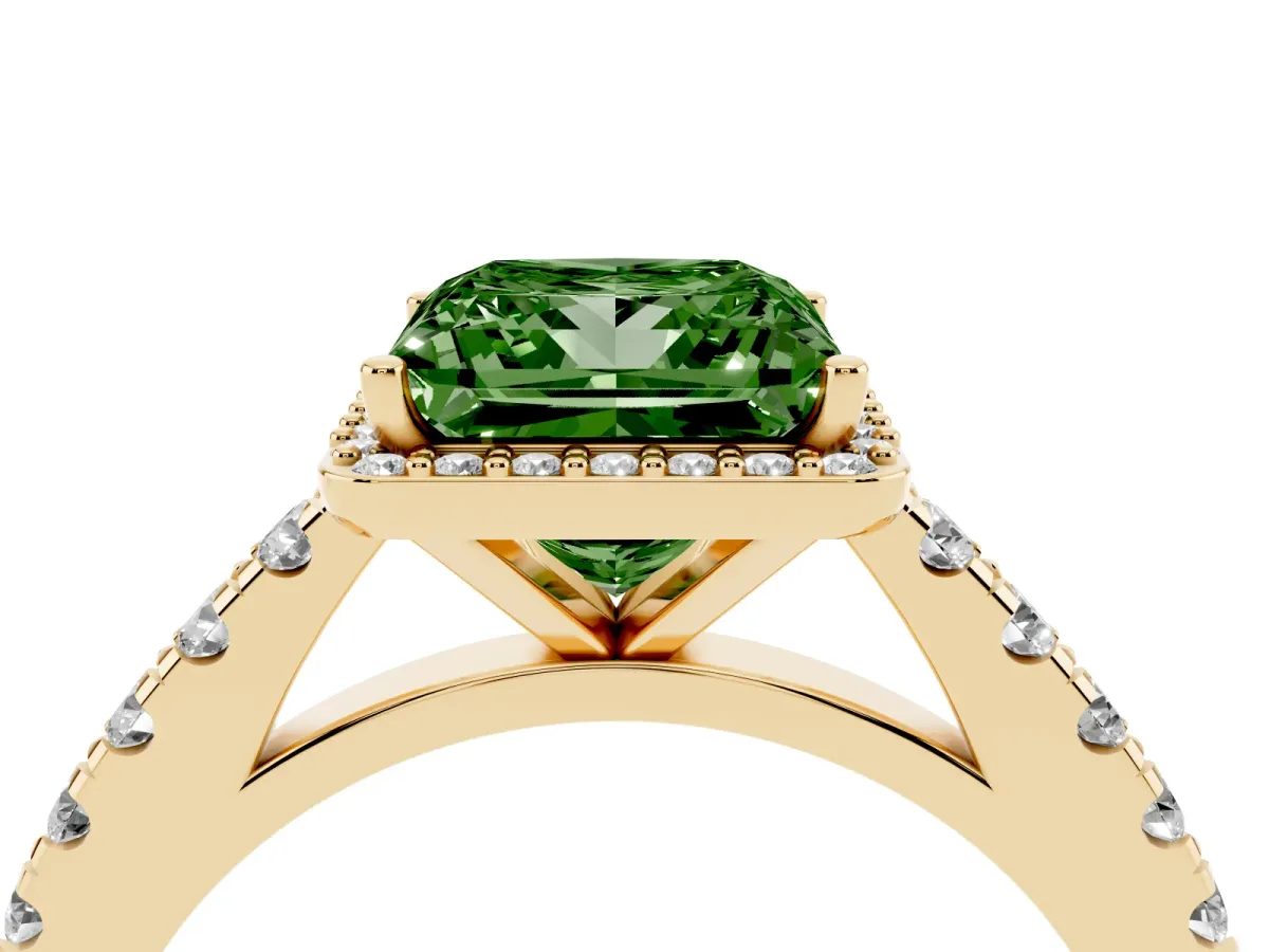 Fancy Green Princess Cut Cut Halo Diamond Engagement Ring with Pave Band and Four-Prong Setting Yellow gold