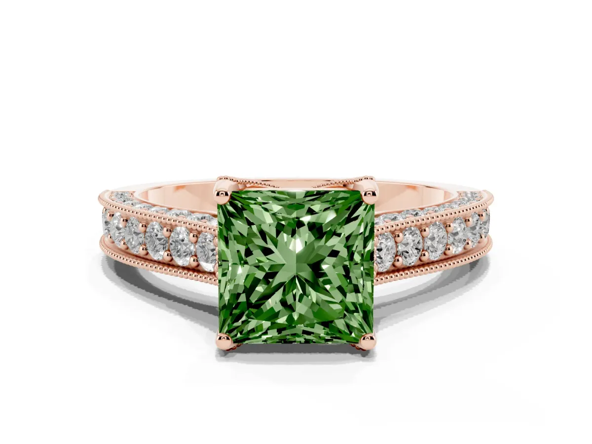 Fancy Green Princess Cut Cut Diamond Solitaire Ring with Milgrain Pave Band and Four Prong Setting Rose gold