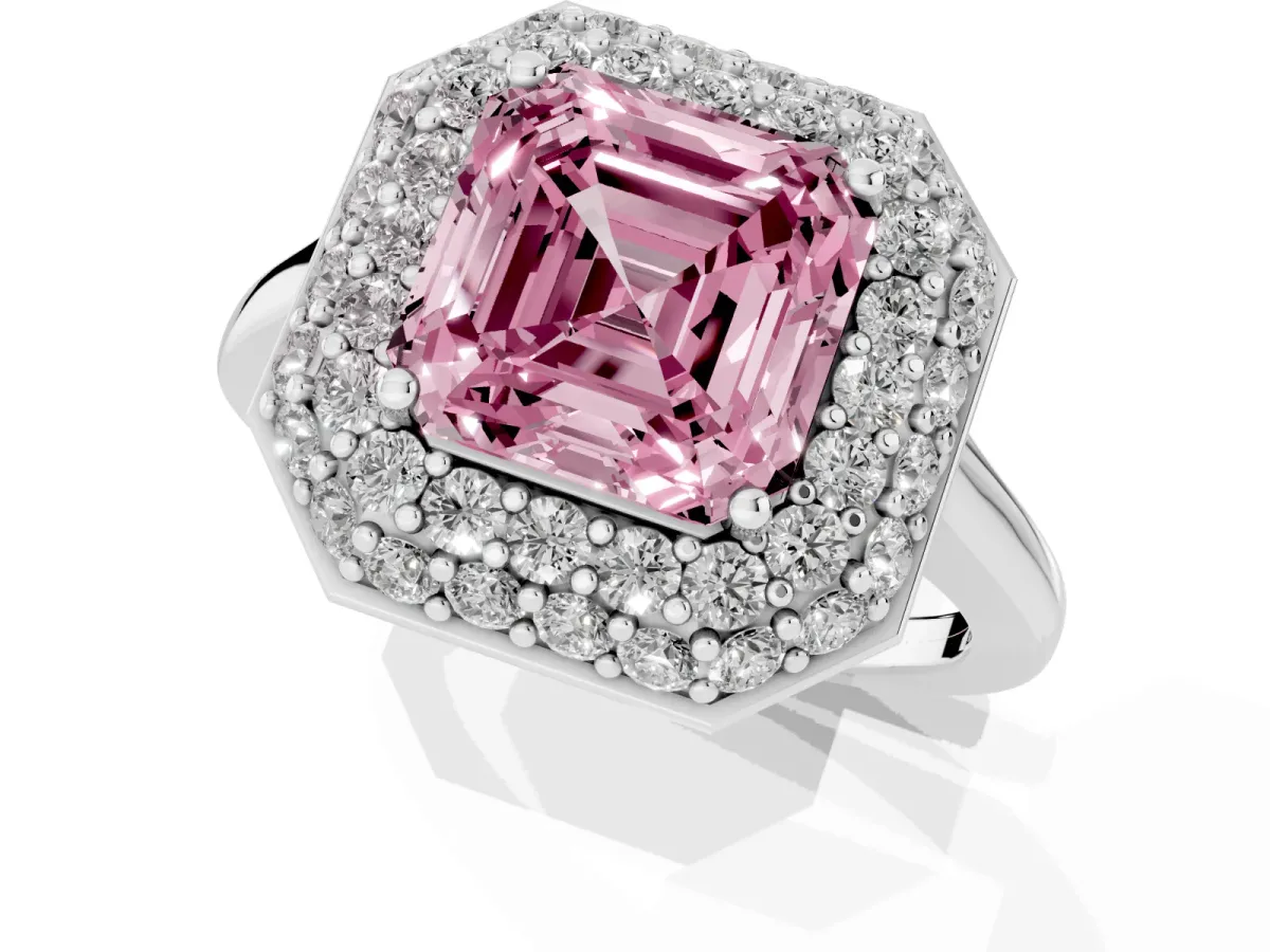 Fancy Pink Asscher Cut Halo Diamond Engagement Ring with Solitaire Band and Four-Prong Setting Silver