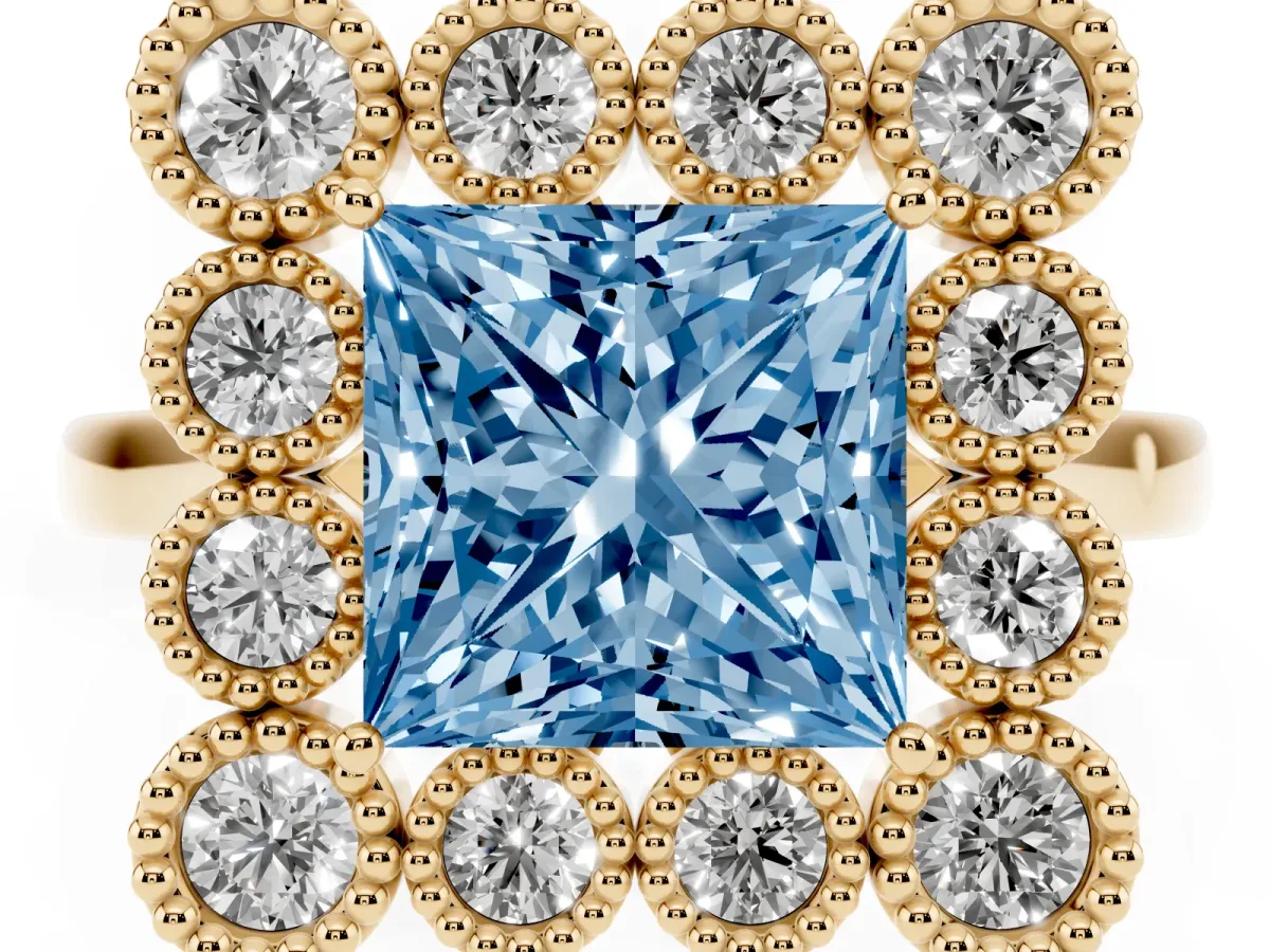 Fancy Blue Princess Cut Halo Diamond Cluster Engagement Ring with Milgrain Bezel Setting and Solitaire Band Yellow gold