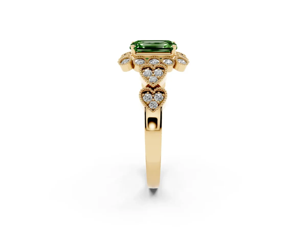 Fancy Green Emerald Cut Brilliant Milgrain Pave Heart Band Solitaire Ring Yellow gold