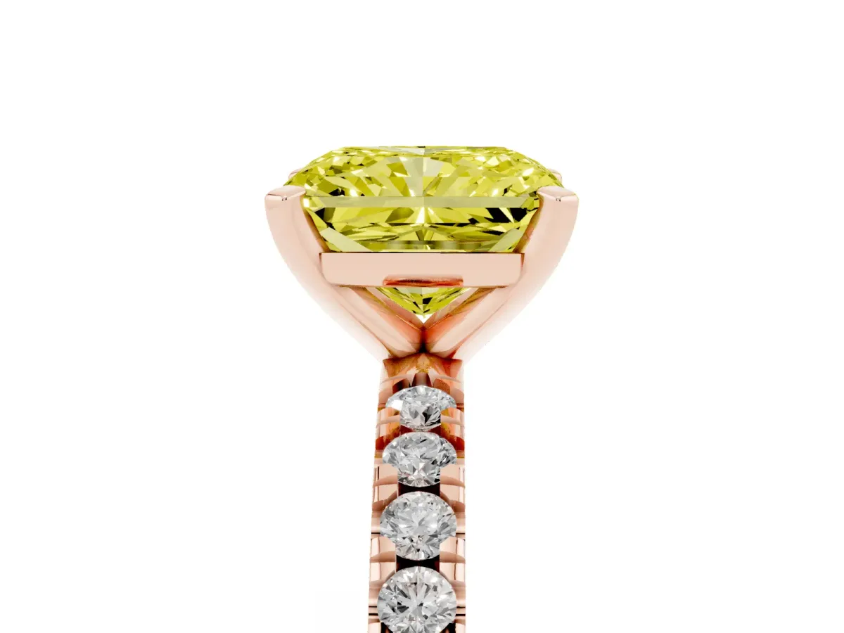 Fancy Yellow Radiant Cut Diamond Pavé Band Solitaire with Four-Prong Setting Rose gold