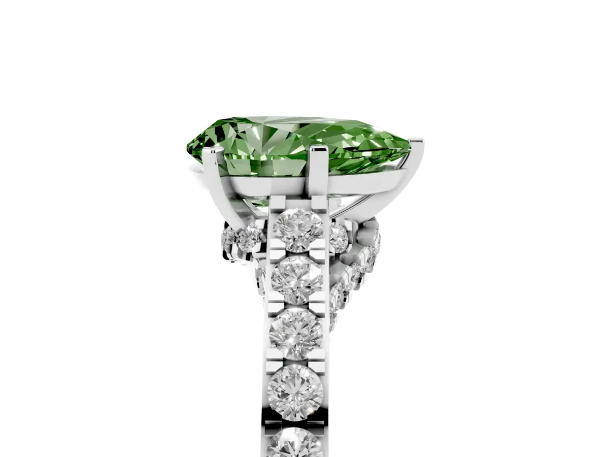 Fancy Green Pear Cut Diamond Solitaire Ring with Crossover Gallery and Round Pavé Band White gold