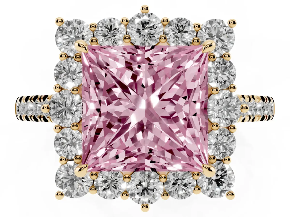 Fancy Pink Princess Cut Halo Diamond Ring with Pavé Band and Prong Setting Yellow gold