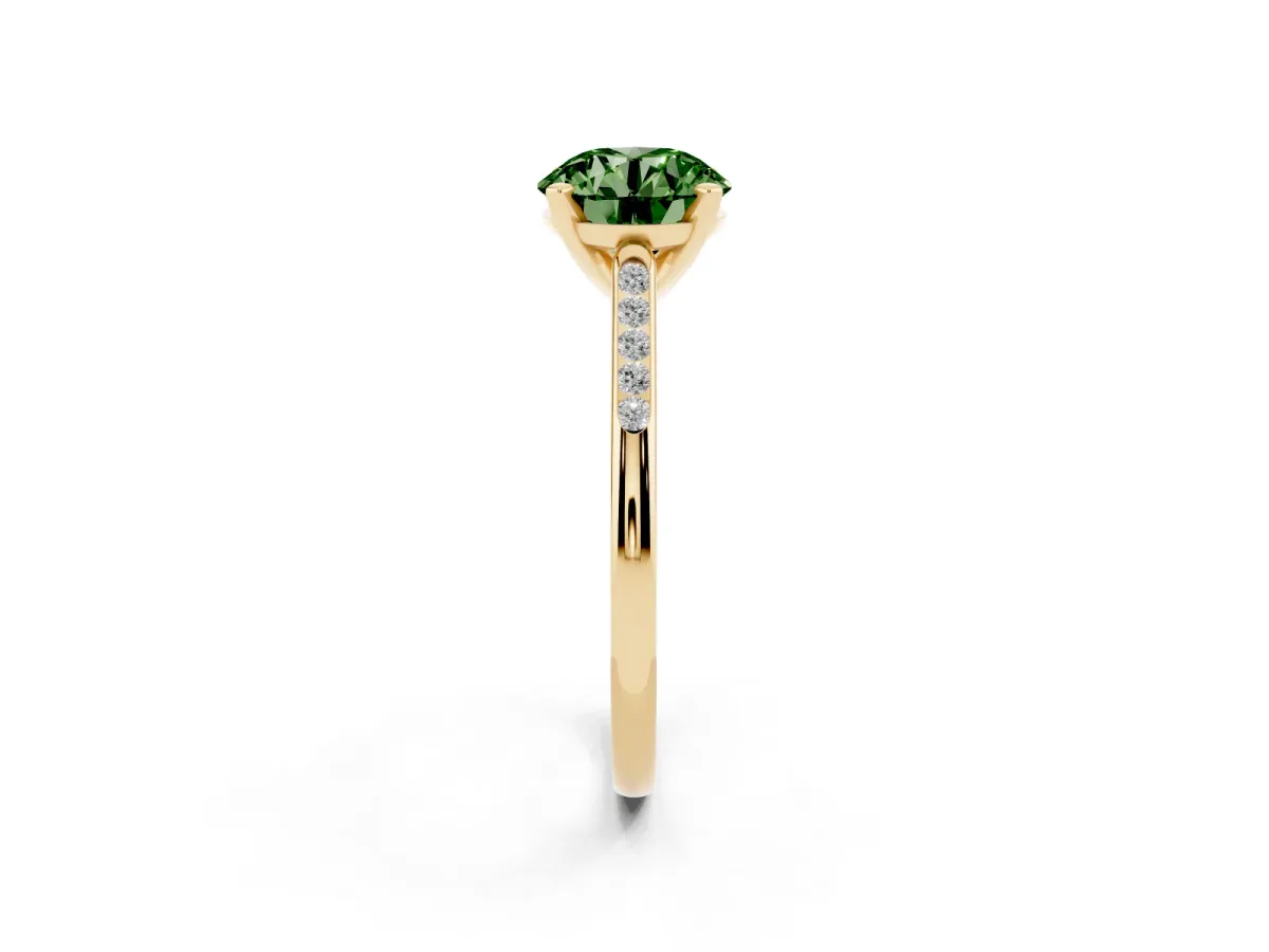 Fancy Green Round Cut Diamond Solitaire Ring with Channel Set Round Band and Prong Setting Yellow gold