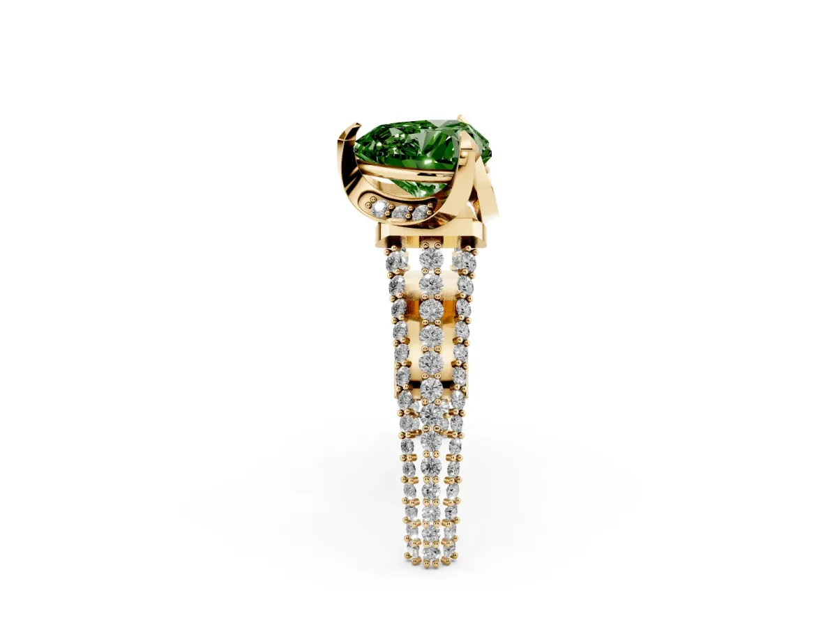 Fancy Green Heart Cut Solitaire Pave Split Shank Ring with Four-Prong Setting Yellow gold