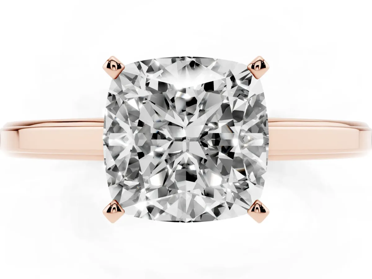 Cushion Cut Solitaire Diamond Ring with Four-Prong Setting and Classic Band Rose gold