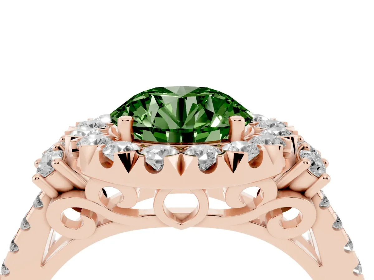 Fancy Green Round Cut Cut Double Halo Diamond Engagement Ring with Pave Band and Four-Prong Setting Rose gold