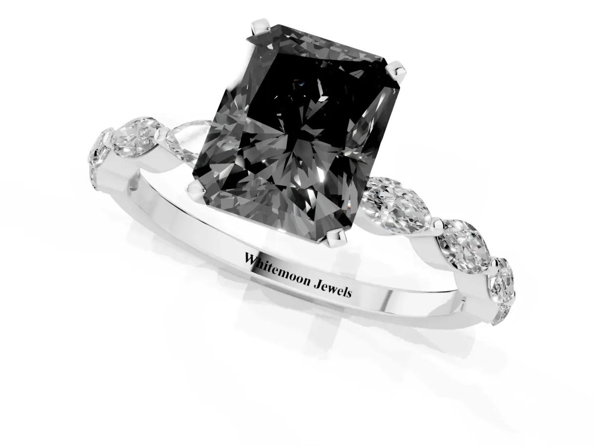 Fancy Black Radiant Cut Diamond Ring with Marquise Side Stones and Prong Setting Platinum