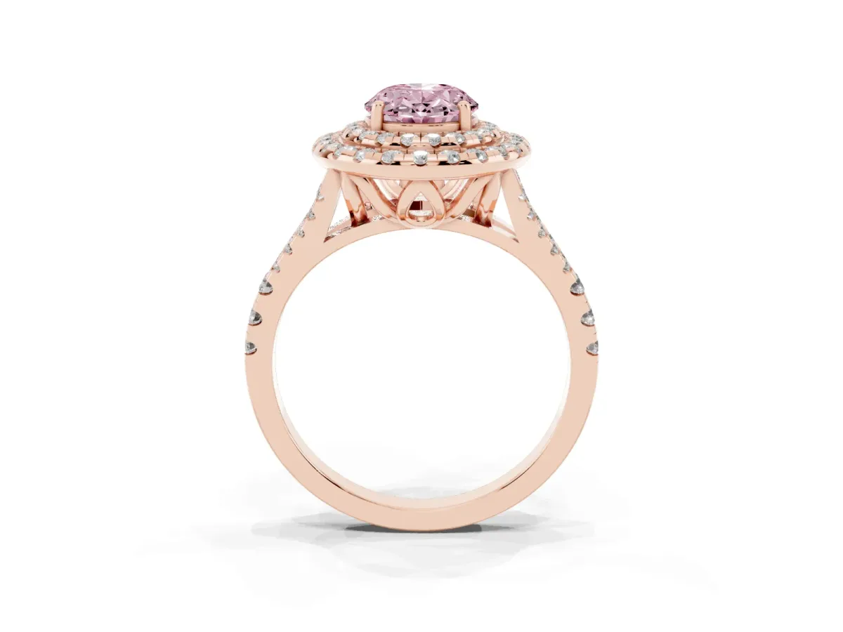 Fancy Pink Double Halo Oval Cut Diamond Pavé Split Shank Ring with Prong Setting Rose gold