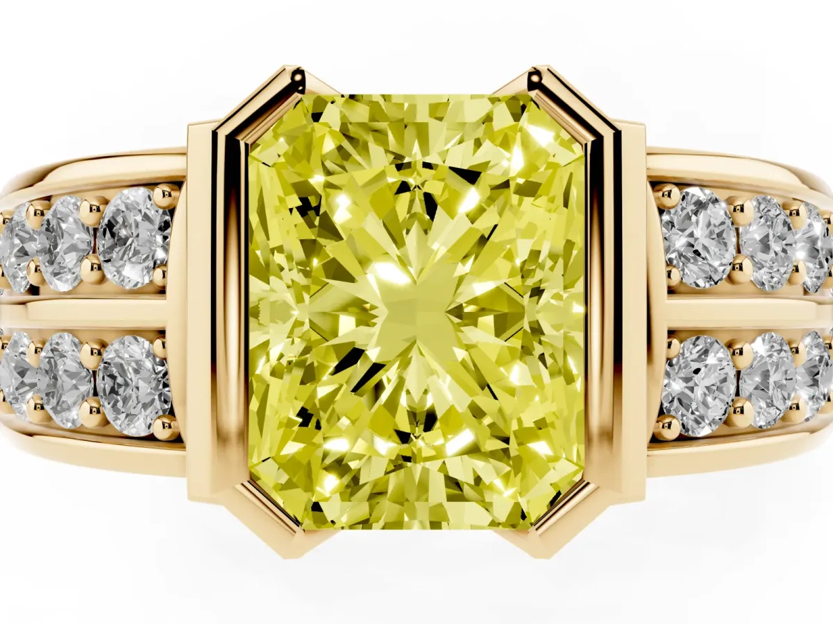 Fancy Yellow Radiant Cut Brilliant Diamond Channel Set Wide Band Ring with Bezel Setting Yellow gold