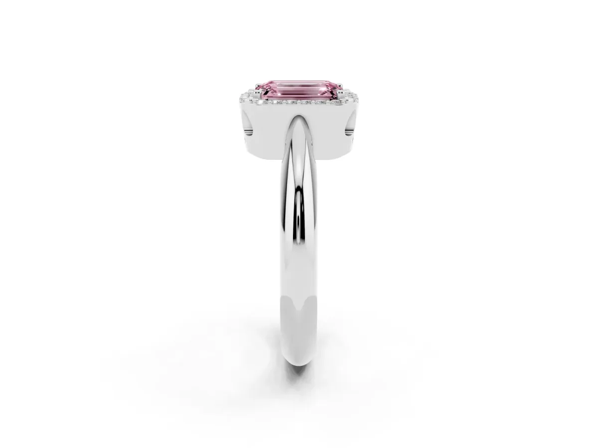 Fancy Pink Emerald Cut Cut Diamond Halo Engagement Ring with Split Shank and Four-Prong Setting Platinum