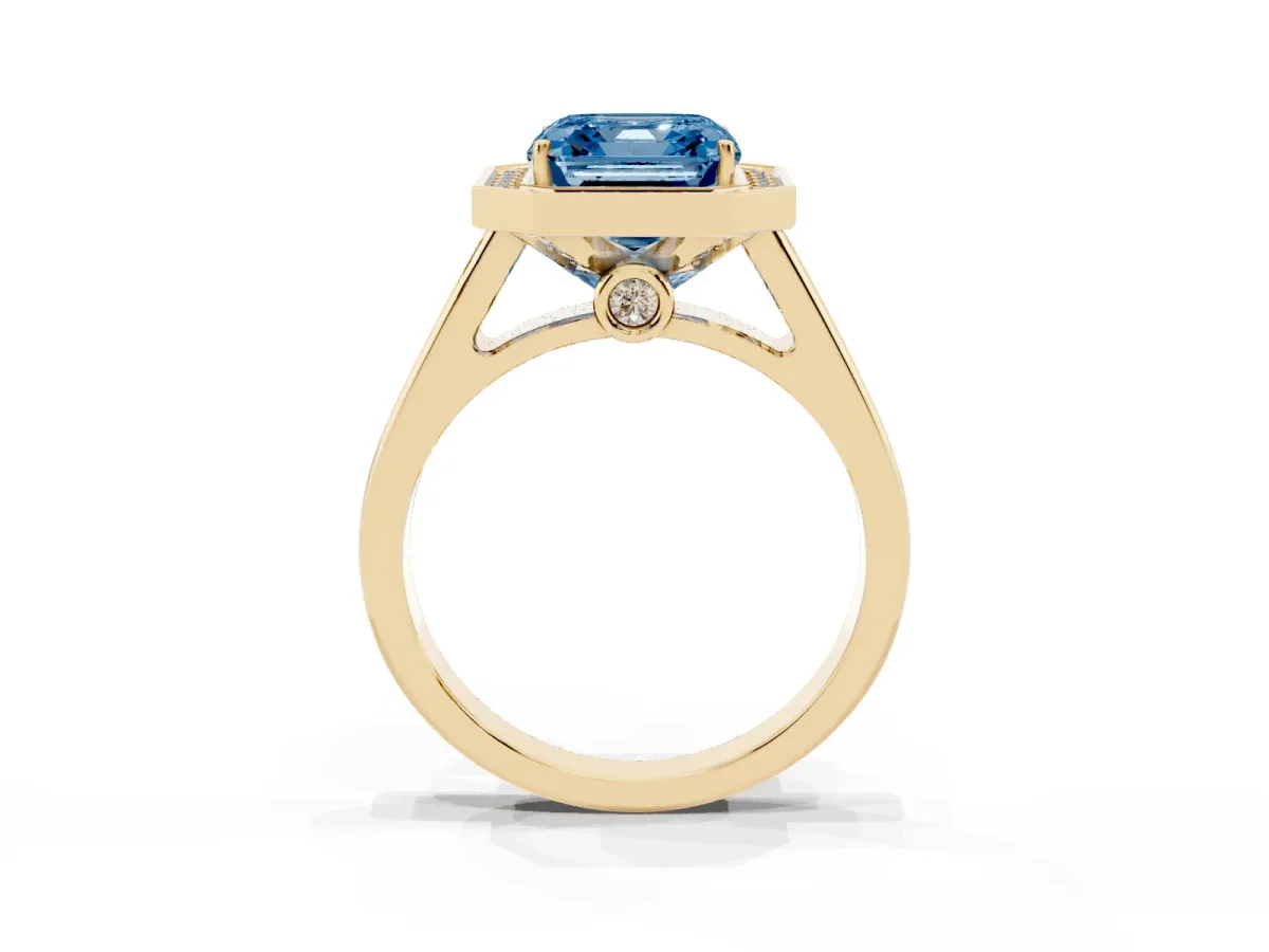 Fancy Blue Asscher Cut Halo Solitaire Diamond Ring with Pave Band and Bezel Setting Yellow gold