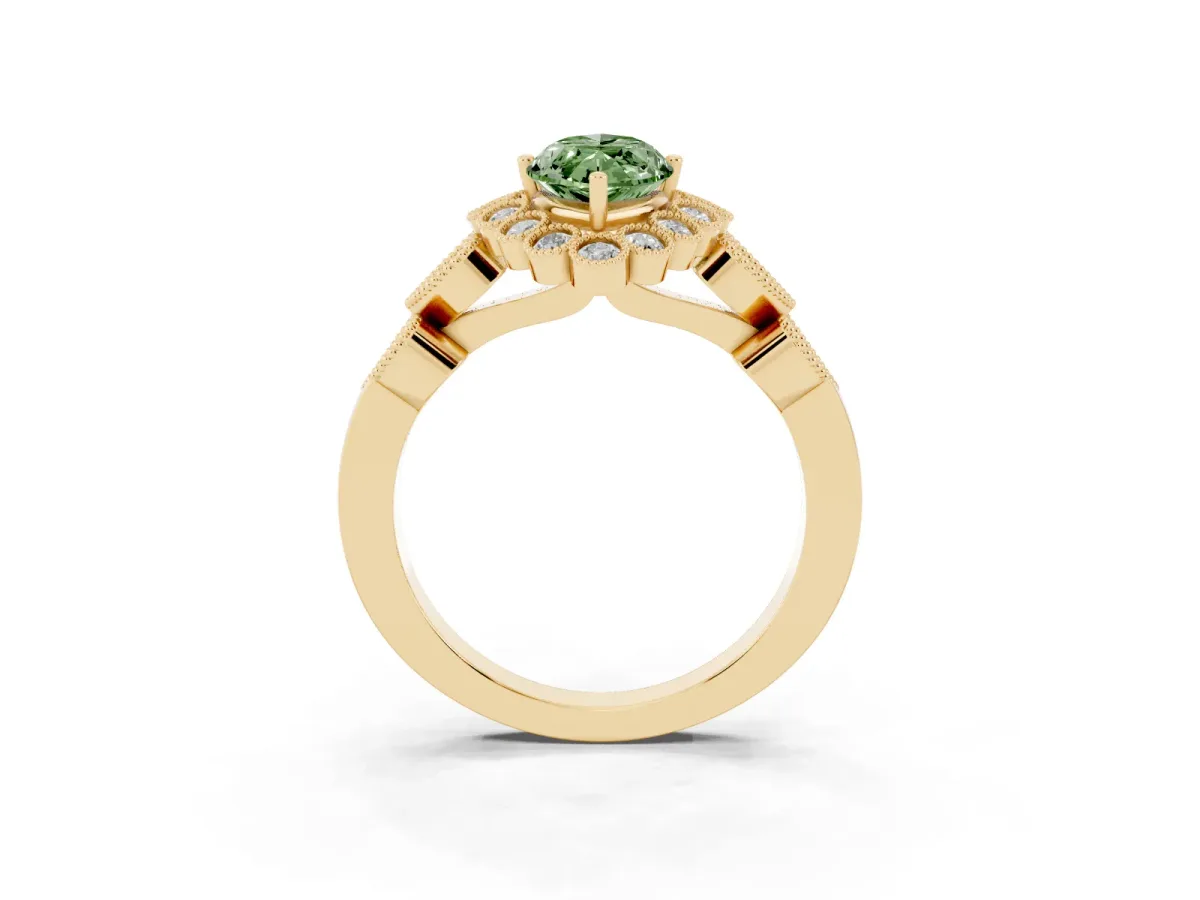 Fancy Green Marquise Cut Brilliant Milgrain Pave Heart Band Solitaire Ring Yellow gold
