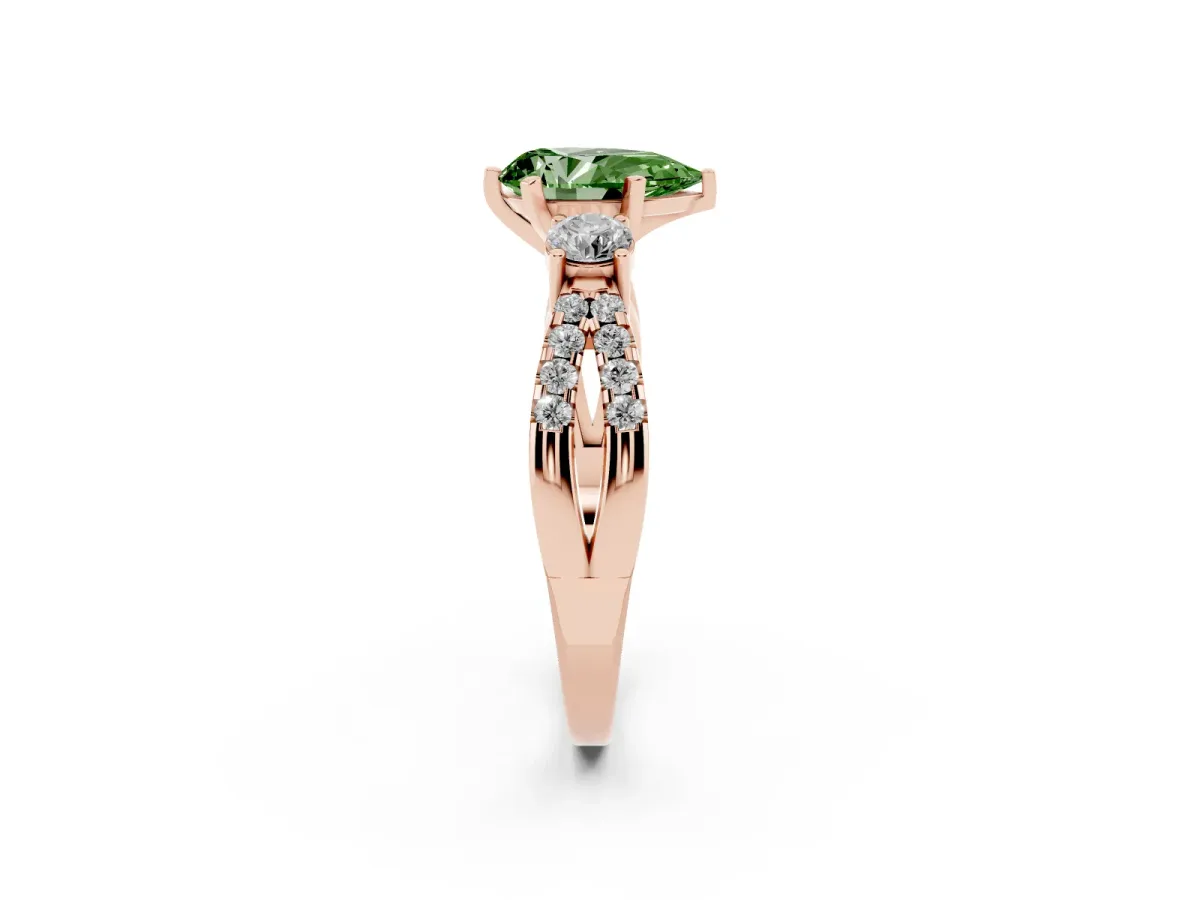 Fancy Green Pear Cut Diamond Three-Stone Ring with Pavé Split Shank and Four-Prong Setting Rose gold