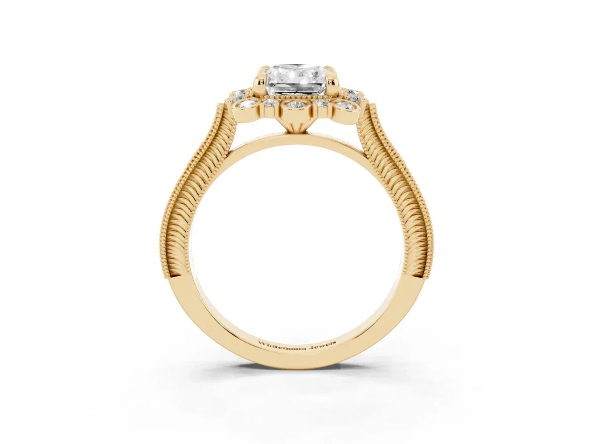 Radiant Cut Halo Milgrain Pave Diamond Ring with Four-Prong Setting Yellow gold