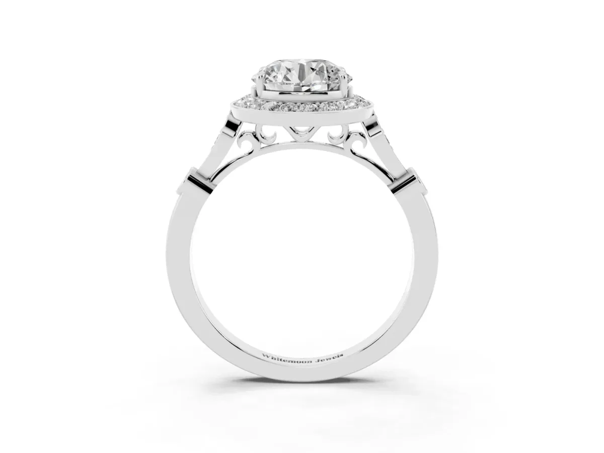 Round Cut Halo Diamond Engagement Ring with Twisted Band and Four-Prong Setting White gold