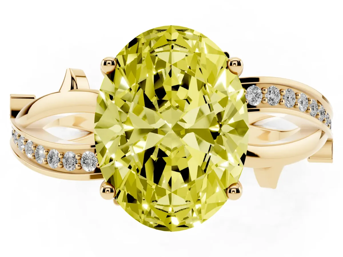 Fancy Yellow Oval Cut Solitaire Twist Band with Pavé Accents and Four-Prong Setting Yellow gold