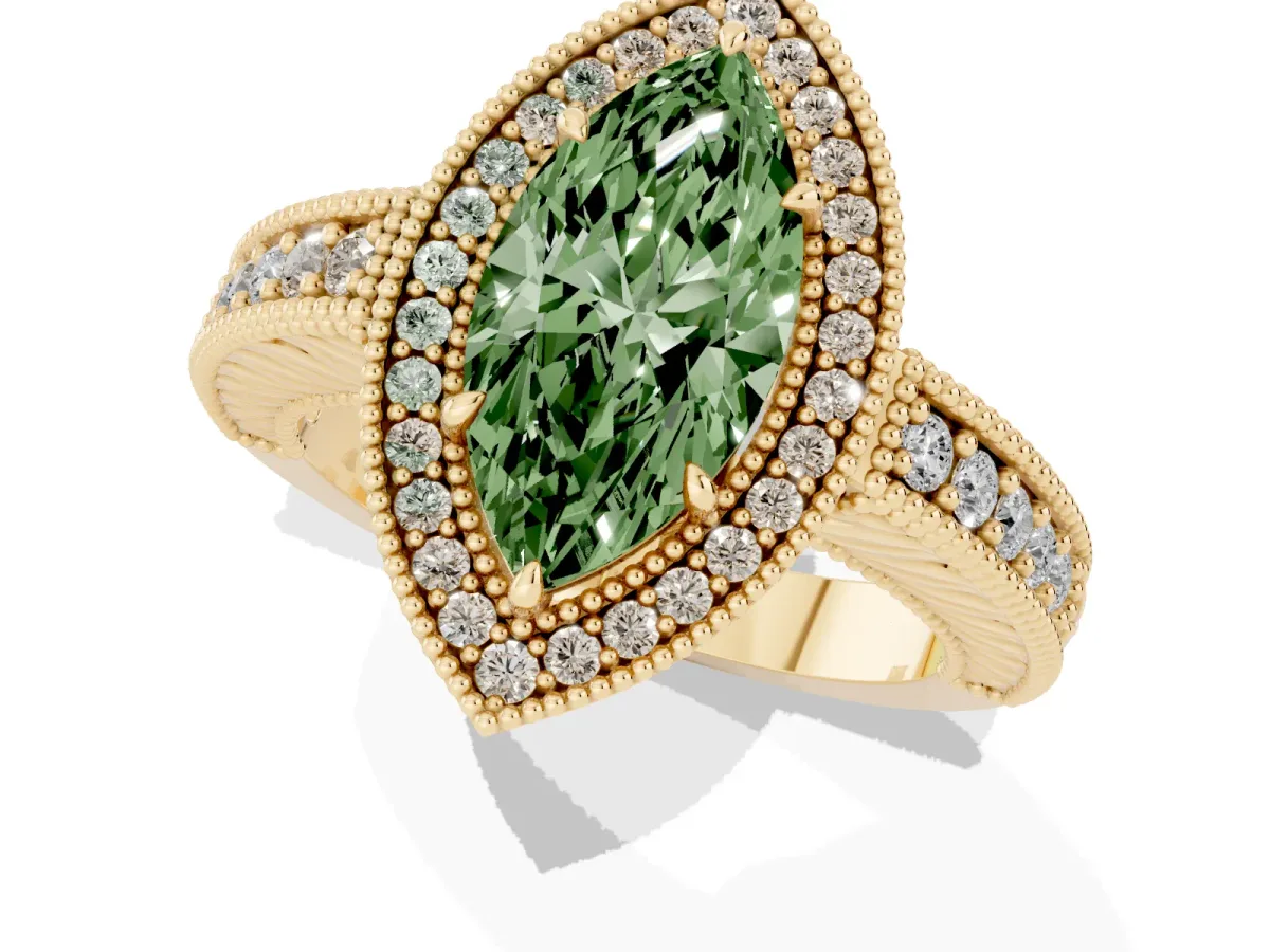 Fancy Green Marquise Cut Cut Halo Diamond Ring with Pavé Band and Four-Prong Setting Yellow gold