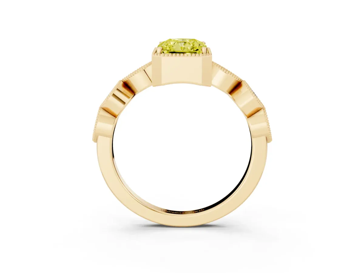 Fancy Yellow Radiant Cut Diamond Vintage Milgrain Ring with Round Stations Yellow gold