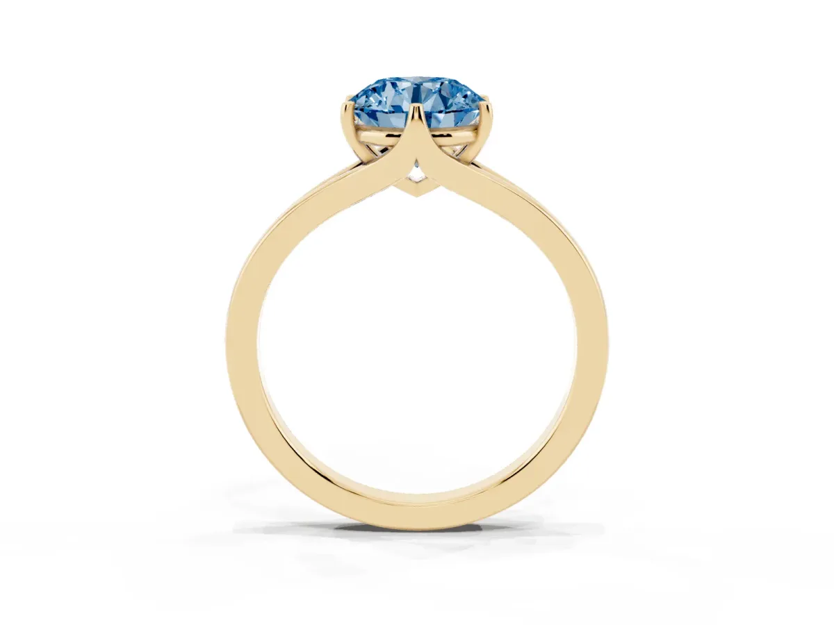 Fancy Blue Round Cut Solitaire Diamond Ring with Six-Prong Setting and Tapered Band Yellow gold
