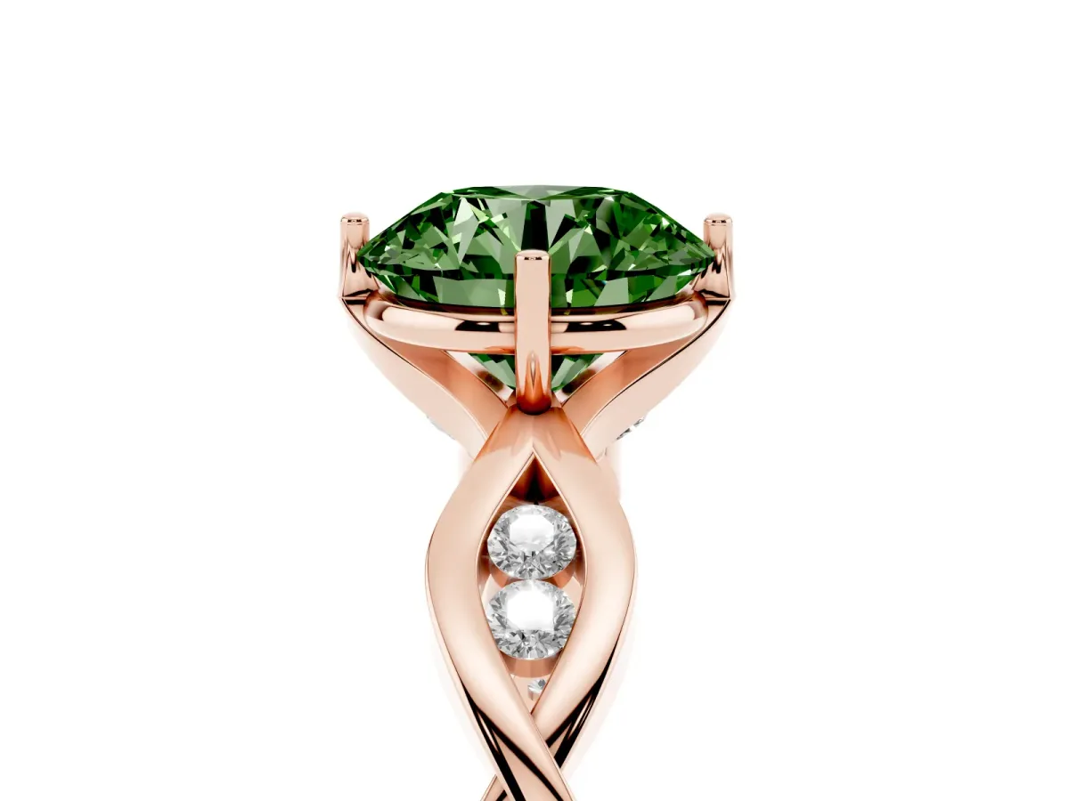 Fancy Green Round Cut Solitaire Twist Band with Leaf Prong Setting Rose gold
