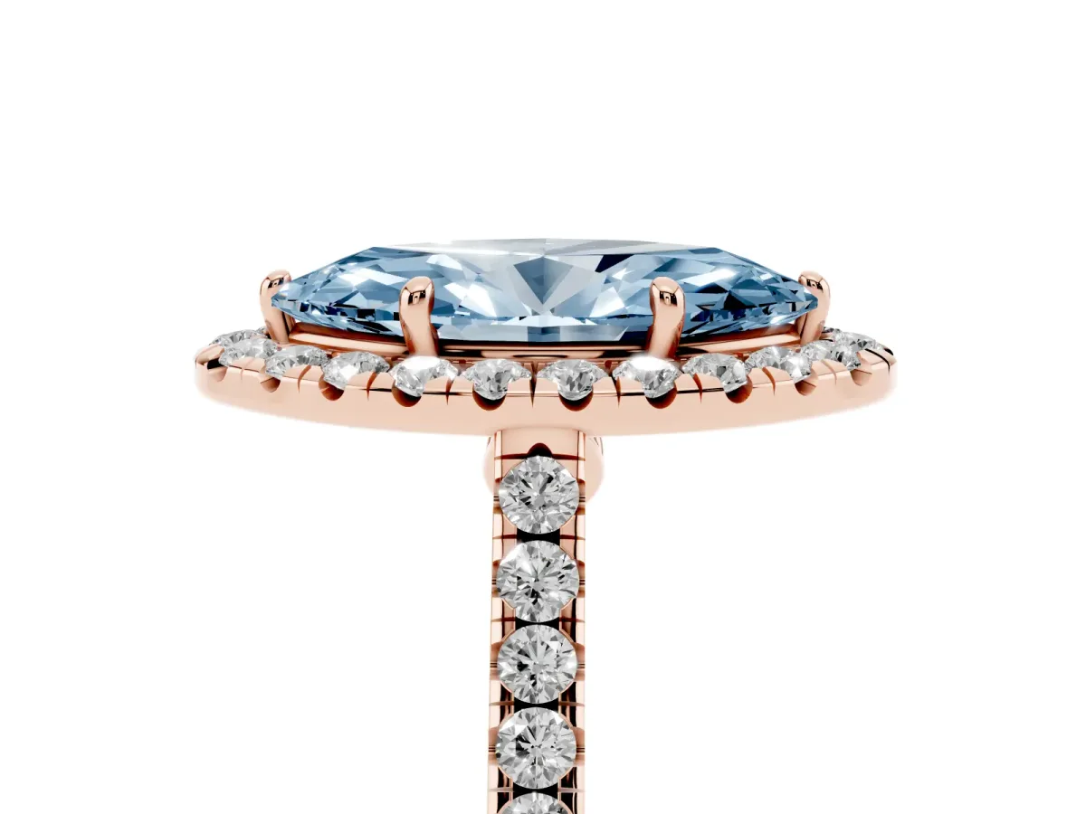 Fancy Blue Marquise Cut Halo Pave Diamond Engagement Ring with Four-Prong Setting Rose gold