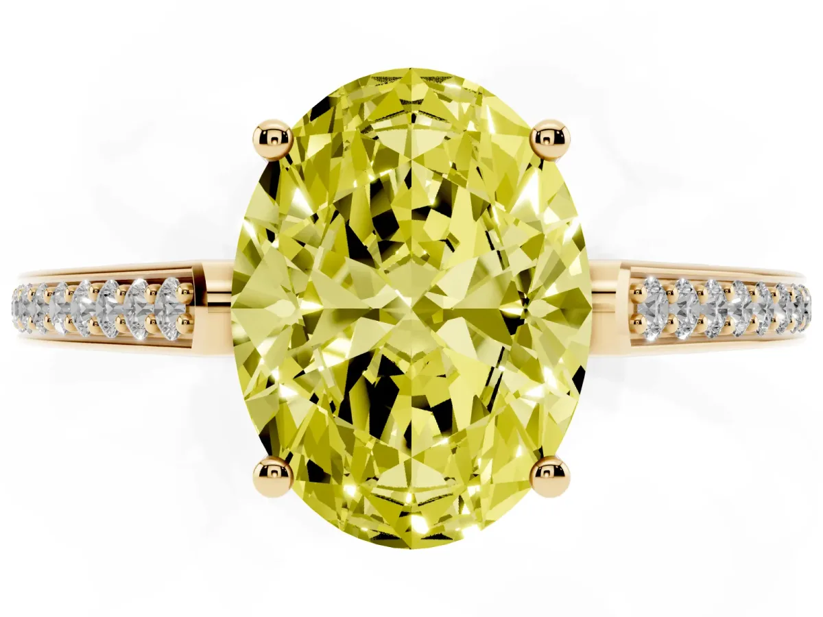 Fancy Yellow Oval Cut Cut Cathedral Pave Diamond Engagement Ring with Six-Prong Setting Yellow gold