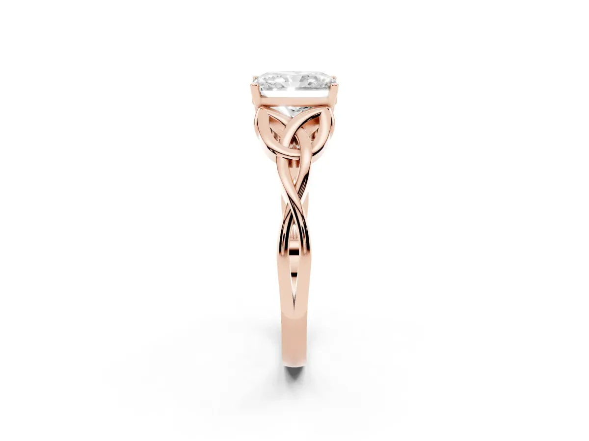 Radiant Cut Diamond Solitaire Engagement Ring with Celtic Knot Band and Four-Prong Setting Rose gold