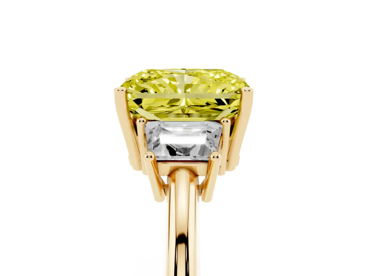 Fancy Yellow Radiant Cut Diamond Three-Stone Ring with Trapezoid Side Stones and Prong Setting Yellow gold