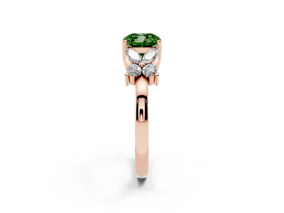 Fancy Green Cushion Cut Diamond Floral Cluster Ring with Solitaire Band and Prong Setting Rose gold