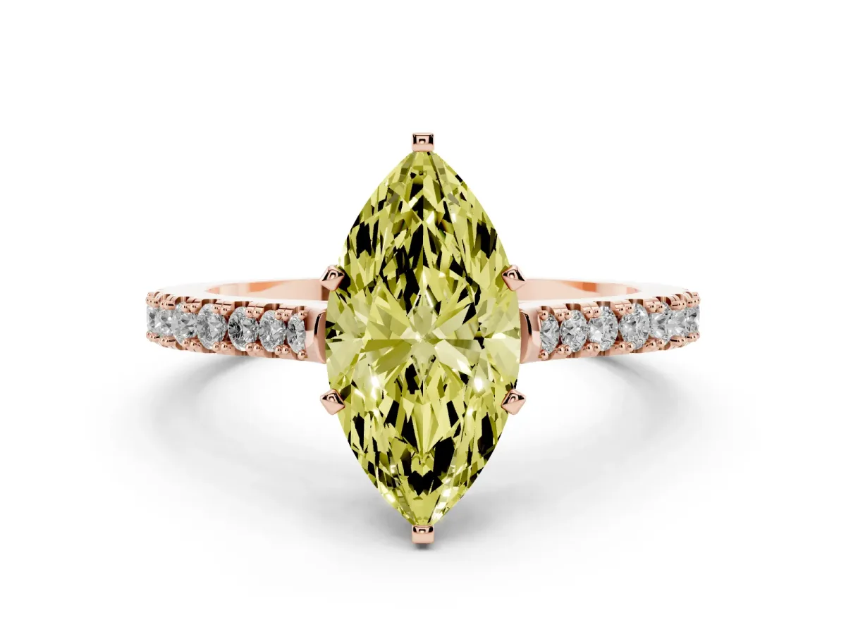 Fancy Yellow Marquise Cut Cut Solitaire Diamond Engagement Ring with Pave Band and Four-Prong Setting Rose gold